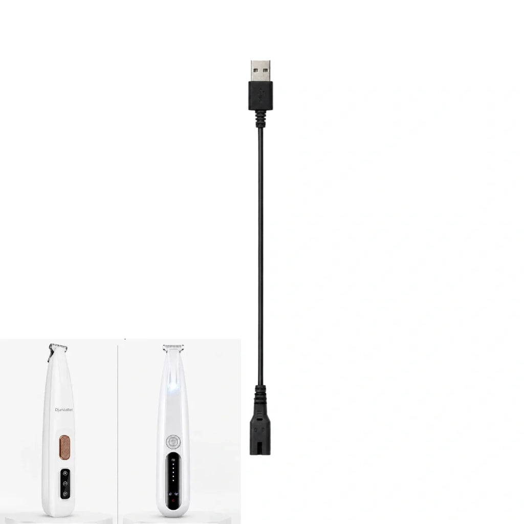 Black charging cable shown alongside two white electric pet grooming trimmers against a white background.