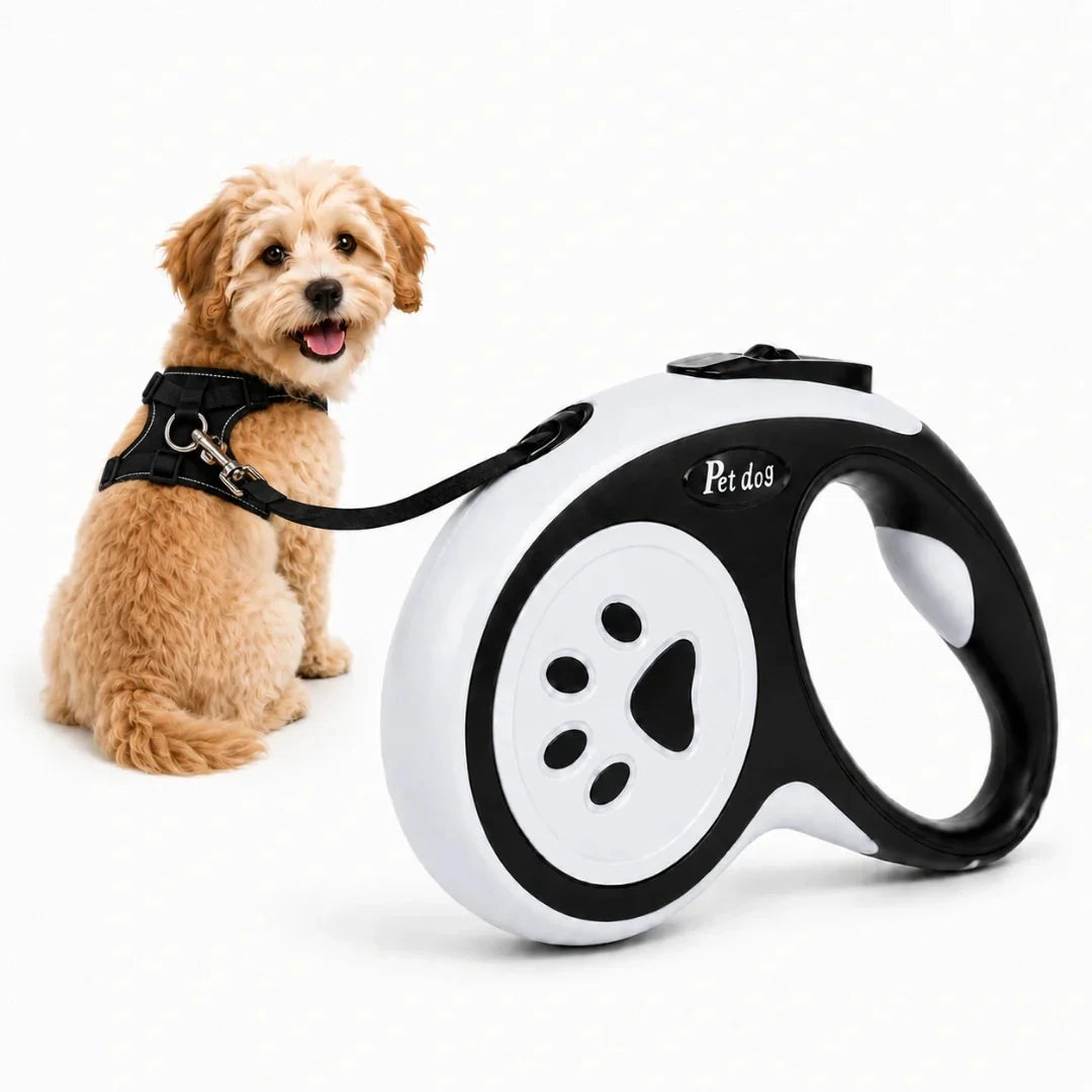 A fluffy puppy sitting beside a sleek black and white retractable dog leash with a paw print design.