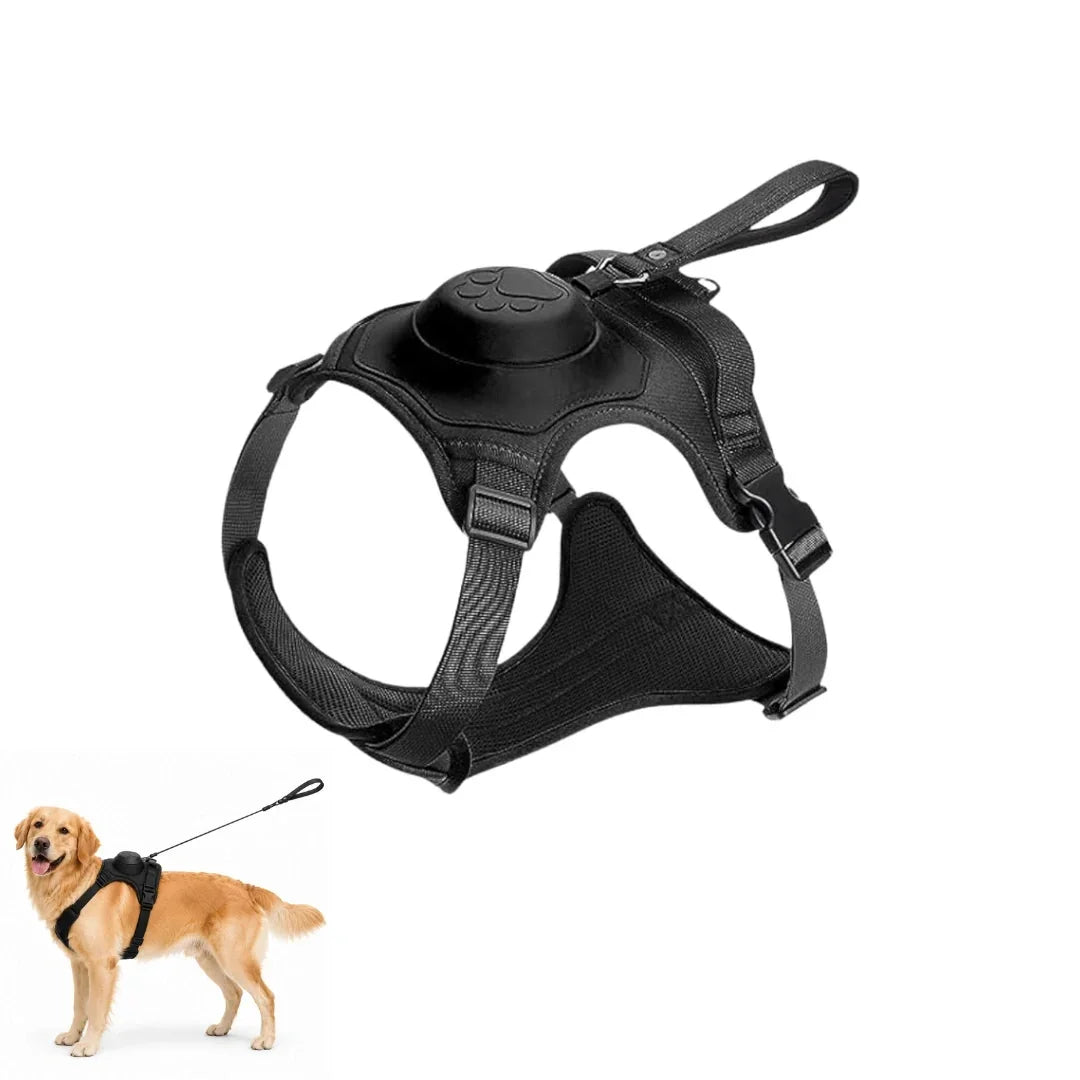 Black tactical dog harness shown with a standing Golden Retriever dog model wearing the gear for outdoor walks.