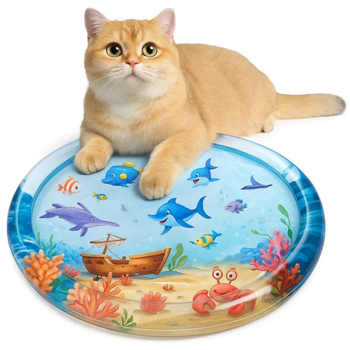 Golden cat lying beside a blue under-the-sea themed cat water play mat.