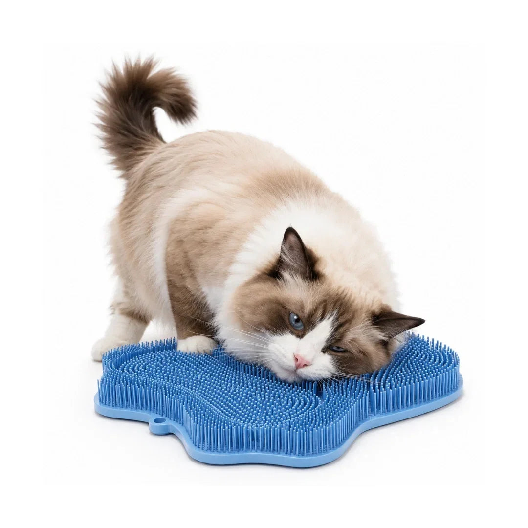 A fluffy Ragdoll cat with blue eyes leaning down to scratch and rub its cheek against a blue paw-shaped silicone cat groomer pad