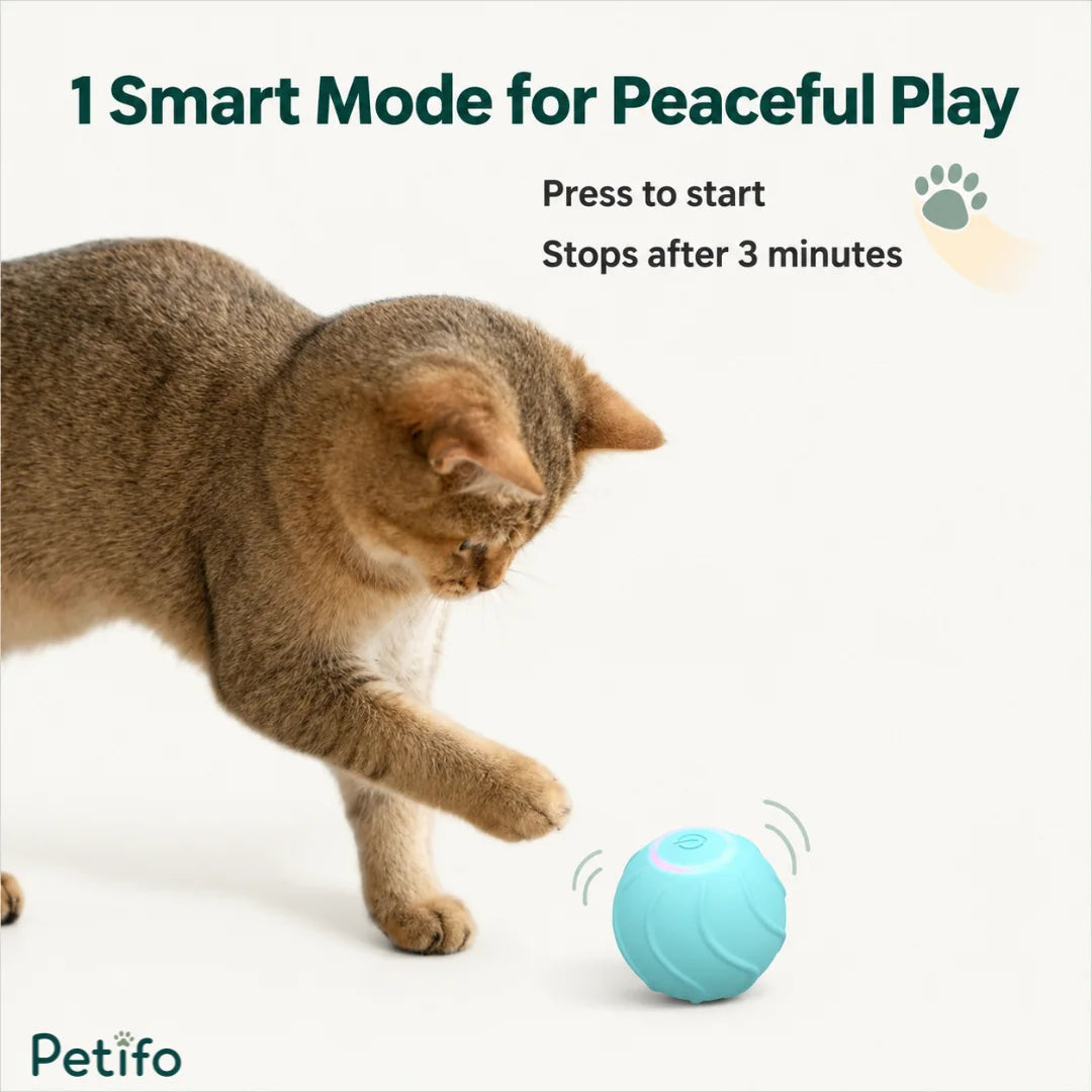 Blue Petifo interactive cat toy ball in Smart Mode, showing a cat playing while the toy automatically stops after 3 minutes.