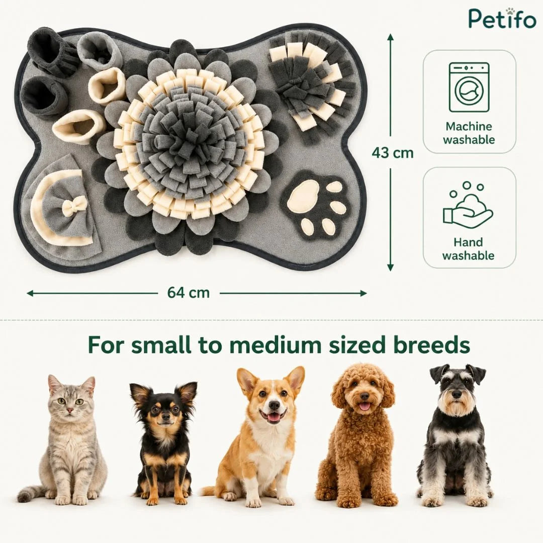 Bone-shaped grey interactive snuffle mat with dimensions of 64 cm by 43 cm, showing washing icons and suitability for small to medium-sized breeds.