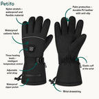 Anatomical breakdown of the Petifo heated gloves highlighting features like waterproof cationic fabric, nylon stretch flexible material, a smart 3-level heating control button, an adjustable wrist strap, a waterproof zipper pocket, a wrist drawstring, an elastic cuff, and durable PU leather palm protection with anti-slip grip.