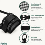Close-up of the black mesh dog muzzle highlighting its breathable material, quick-release buckle, durable nylon, and secure adjustable fit.