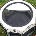 Overhead view of an open Petifo portable dog playpen showing the breathable top mesh roof.