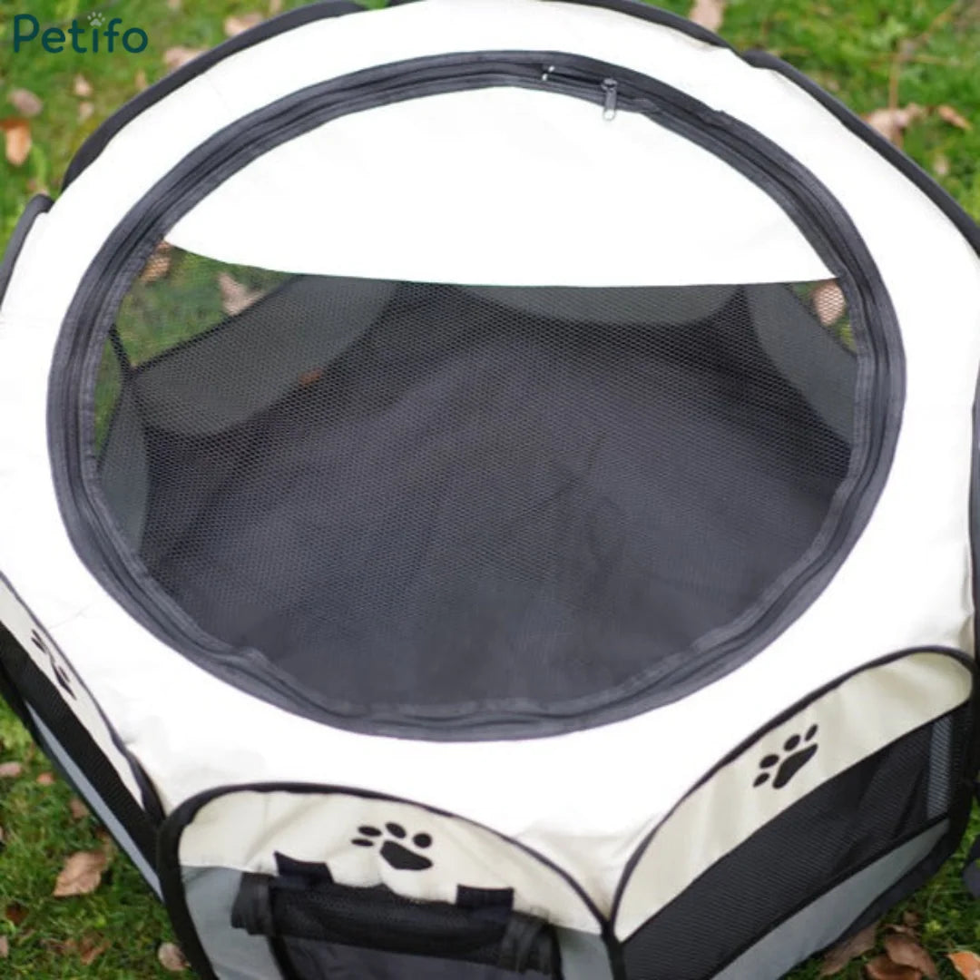 Overhead view of an open Petifo portable dog playpen showing the breathable top mesh roof.