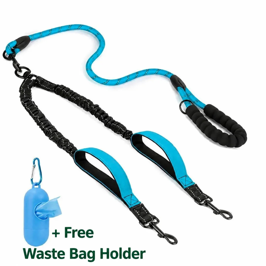 Bright blue double dog leash with a shock-absorbing bungee and a matching waste bag holder.