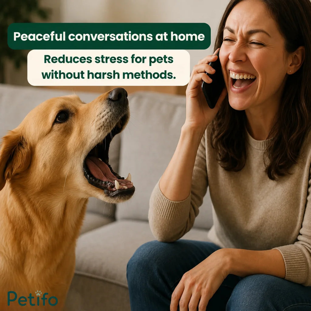 Woman talking on the phone with a calm dog sitting beside her on the sofa.