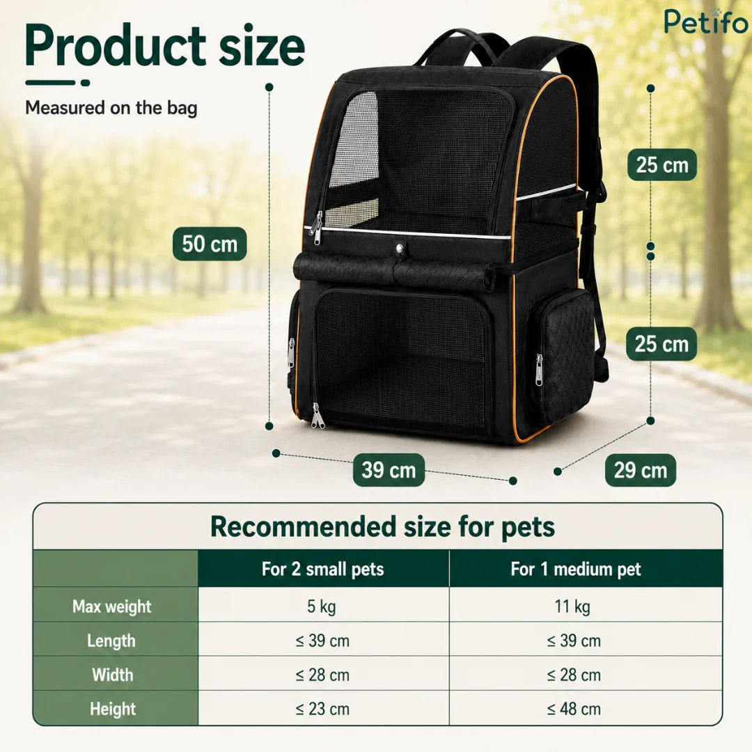 Product dimension infographic detailing the height, width, and weight capacity guidelines for the multi-compartment pet backpack.