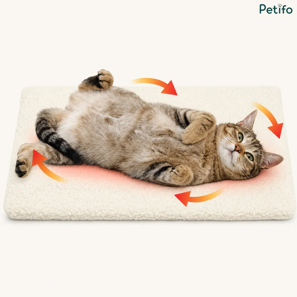 A tabby cat rolling happily on its back over the self-warming pet mat with indicator arrows showing comfort and warmth.