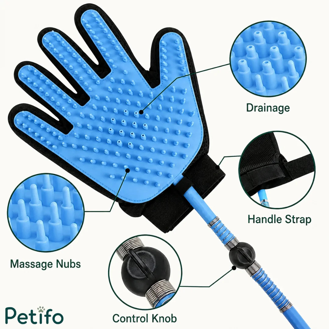 Close-up view of the blue silicone grooming glove highlighting its massage nubs, drainage, control knob, and handle strap.