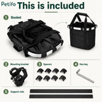 Overview graphic displaying all included components: the collapsible black basket, mounting bracket, spacers, hex key, and support rods.