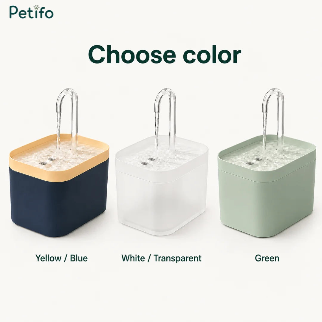 Selection of Petifo cat water fountain color variants featuring Yellow/Blue, White/Transparent, and Green models.