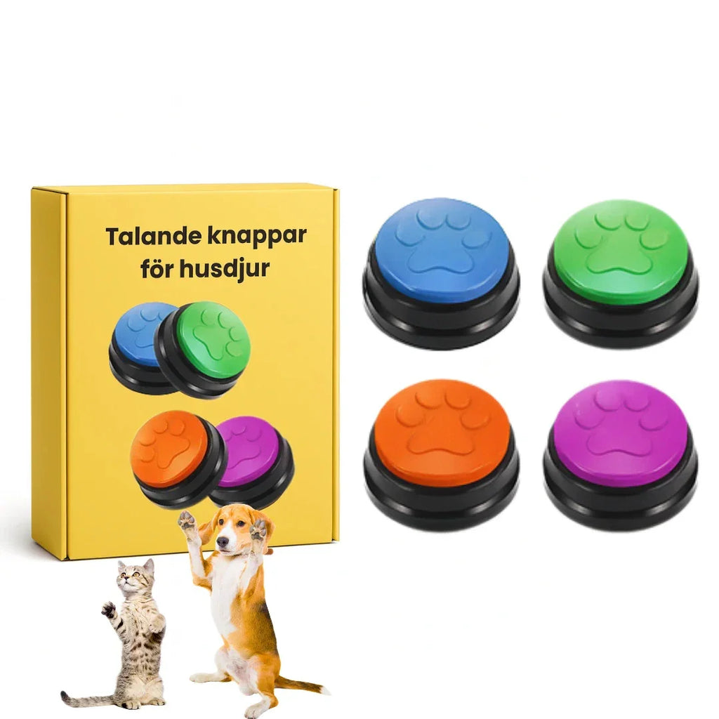 A set of four colorful interactive pet training buttons displayed alongside their yellow Swedish packaging box and playful pets.