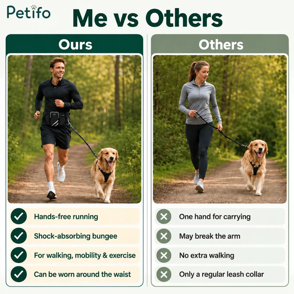 Comparison graphic showing the benefits of comfortable hands-free running versus traditional single-hand dog walking.