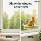 A "Before and After" comparison showcasing how the window hammock transforms an ordinary window into a cozy pet resting spot.