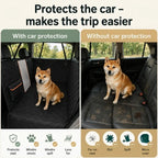 Comparison graphic showing the benefits of using a car seat protector for dogs to prevent fur, dirt, and spills versus an unprotected seat.
