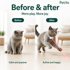 Before and after comparison showing a calm, passive cat transforming into an active and happy cat playing with the Petifo laser collar.