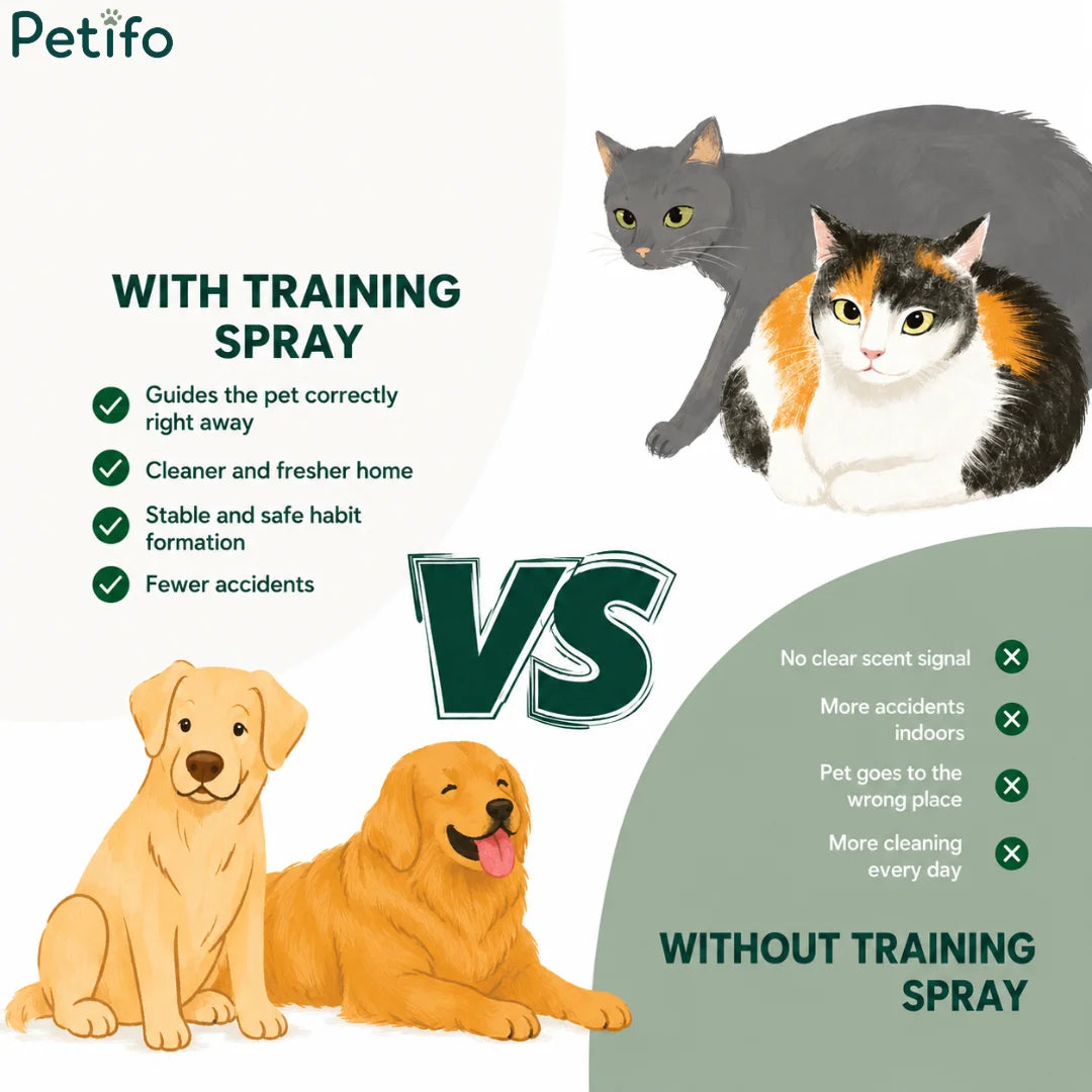 Comparison chart highlighting benefits of using puppy training spray versus not using it.