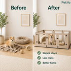 Before-and-after room comparison illustrating how the Petifo playpen creates a secure space, reduces mess, and improves the home environment.