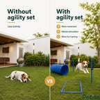 A comparison graphic showing a dog resting versus an active dog playing with the Petifo dog agility set.