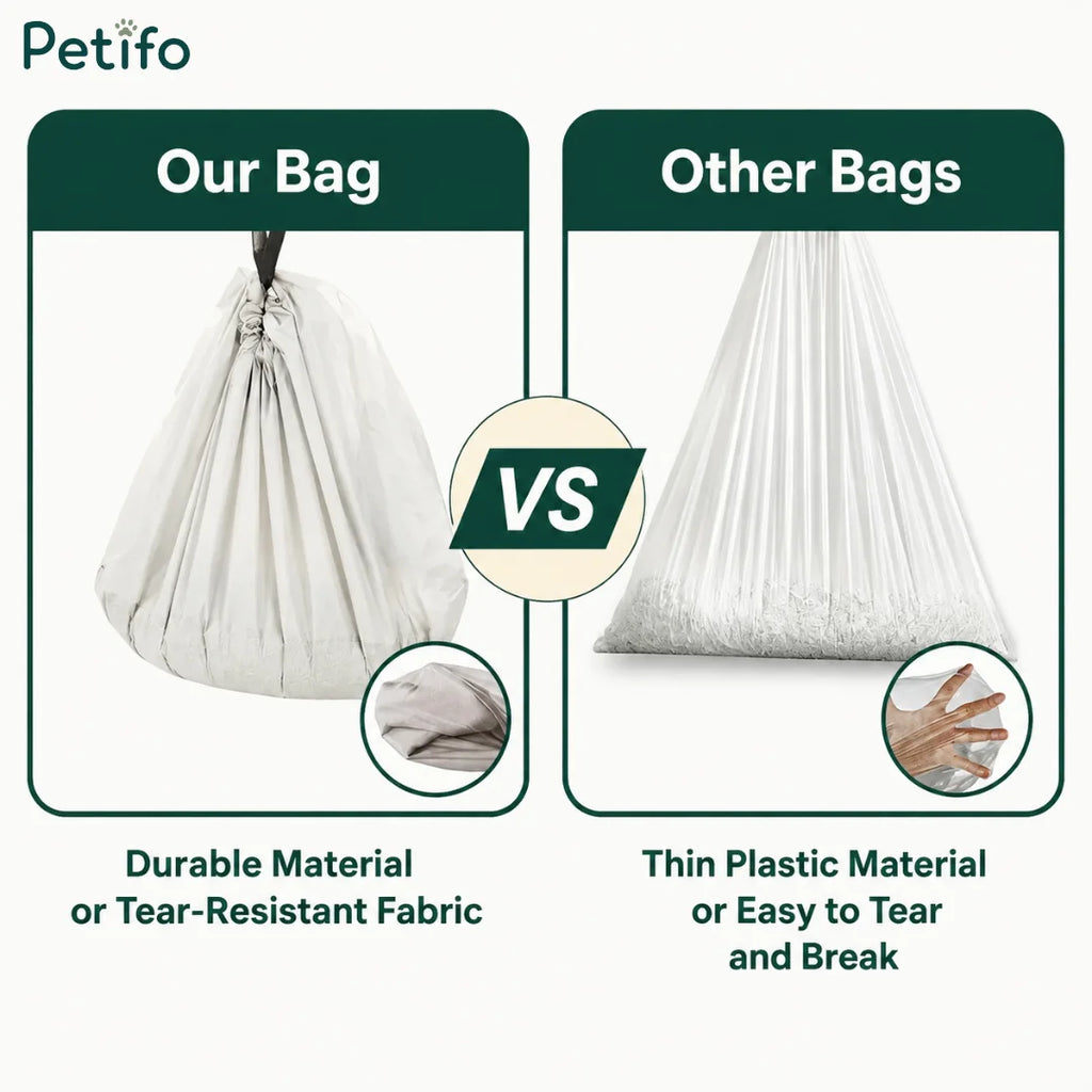 A comparison graphic highlighting the durability and tear-resistant fabric of Petifo's waste bag versus the thin, easily tearable plastic material of other standard bags.