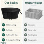 Product comparison infographic highlighting the advantages of the Petifo pet basket over ordinary wicker baskets with stable mounting and built-in safety features.