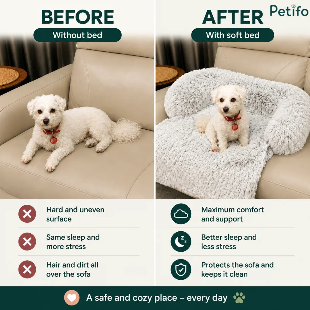 Before and after comparison showcasing how a soft pet bed enhances sofa comfort and protects furniture.