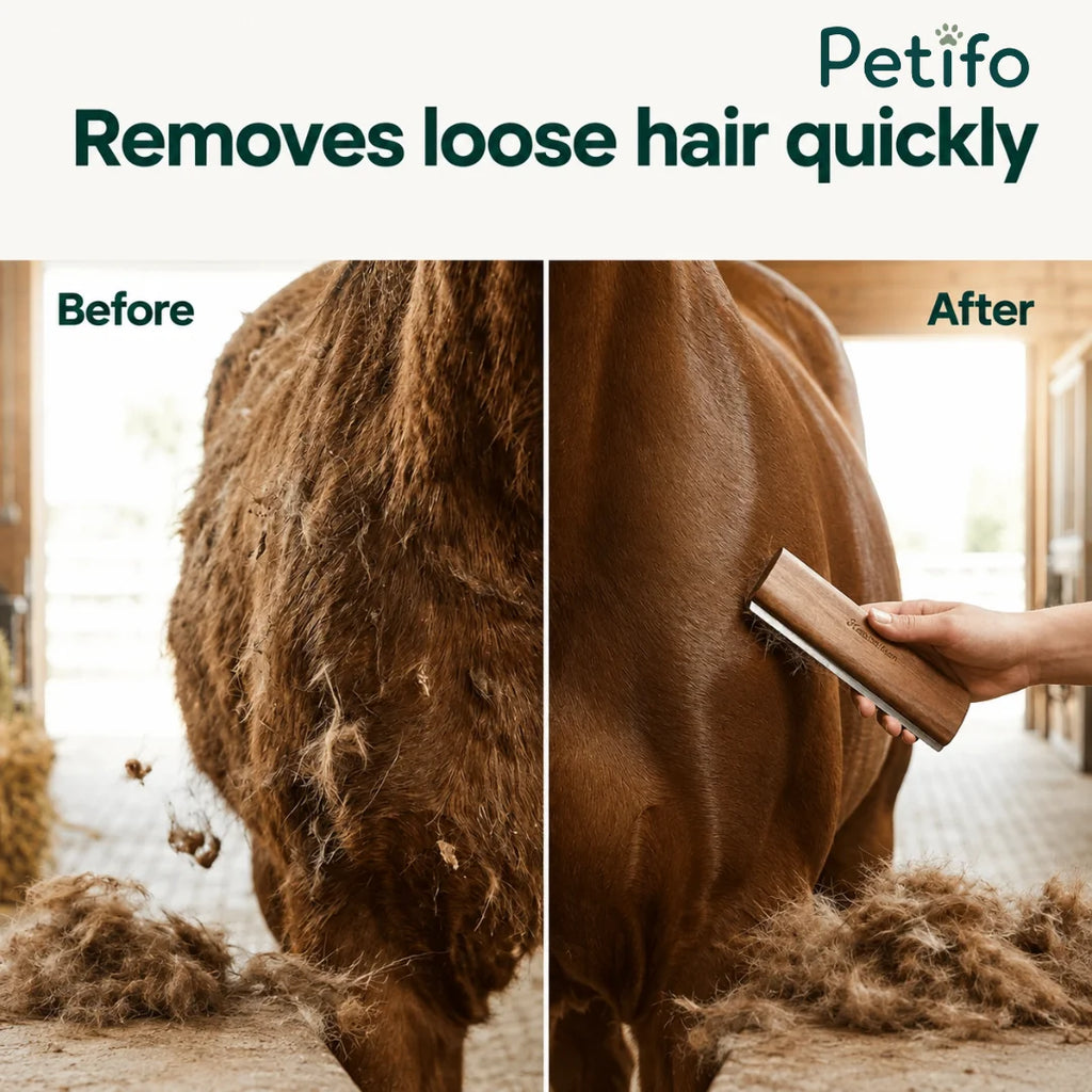 Before and after comparison showing a horse's coat significantly cleaned and detangled using a wooden shedding knife.