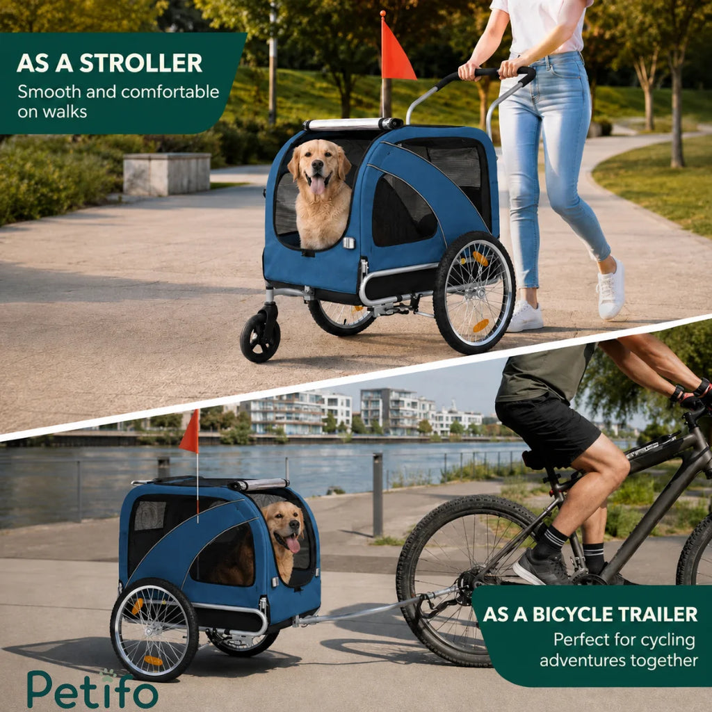 Petifo pet trailer shown in two modes: as a convenient stroller for walks and a secure bicycle trailer for rides.