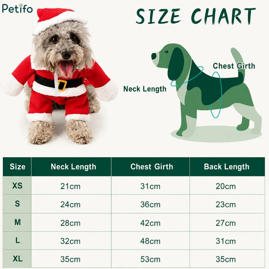 Maattabel voor een kerstmanpak voor honden met nek-, borst- en rugmetingen.