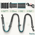 Detailed feature breakdown of the bungee leash showing shock-absorbing elasticity, cross-stitching, reflective threads, and a 360-degree swivel carabiner.
