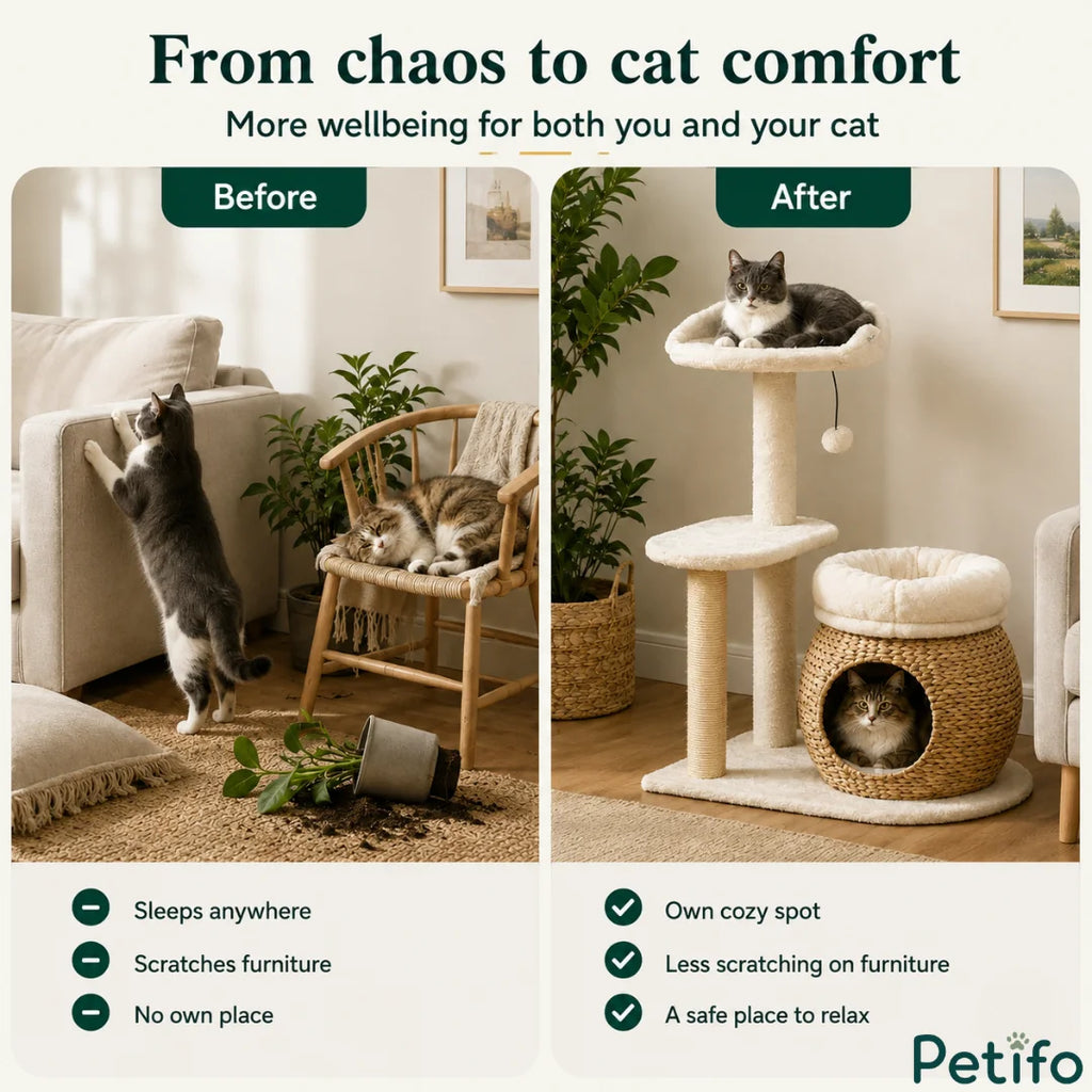 Before-and-after contrast scene demonstrating how providing a dedicated activity tree protects furniture from scratching and keeps cats relaxed.