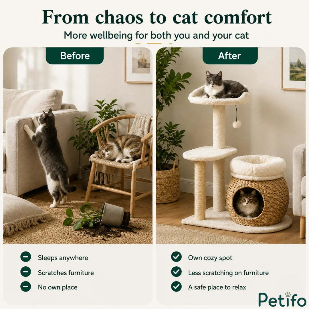 Before-and-after contrast scene demonstrating how providing a dedicated activity tree protects furniture from scratching and keeps cats relaxed.