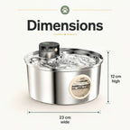Technical product diagram outlining the exact dimensions of the stainless steel pet fountain, measuring 23 cm wide and 12 cm high.