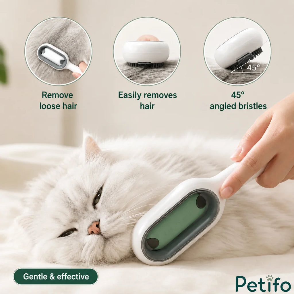 Demonstration of gentle grooming on white cat using 45-degree angled bristles to remove loose hair