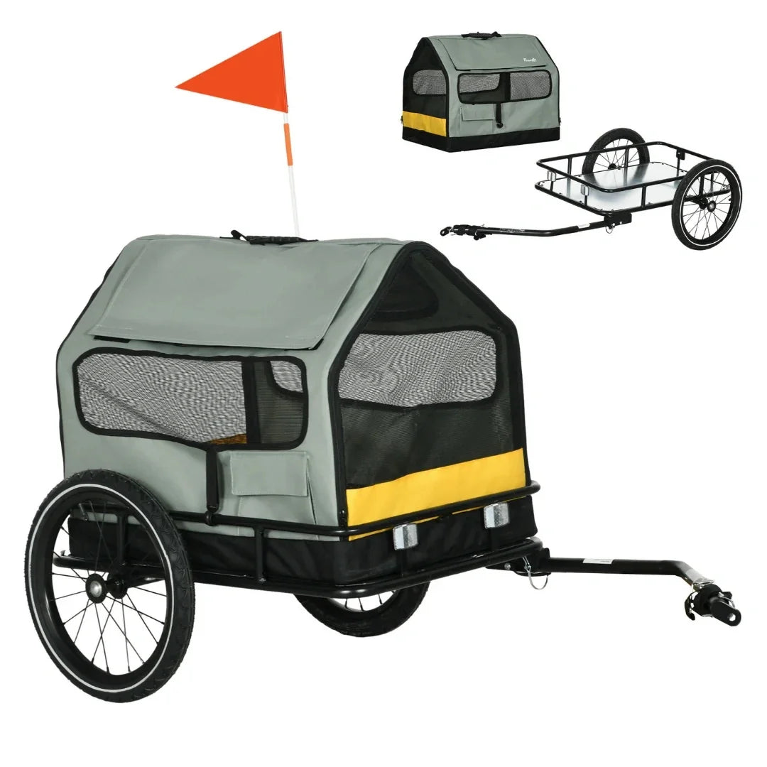 Grey and yellow 3-in-1 multi-functional pet trailer shown with detached pet house and cargo configurations.