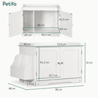 A detailed dimension infographic of the white Petifo cat litter house, indicating a total width of 86 cm, height of 52 cm, and internal compartment measurements.