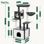 Detailed dimensioned diagram of the Petifo cat tree tower, illustrating the height, width, and depth of the wooden condo, platforms, and scratching posts in centimeters and inches.144cm