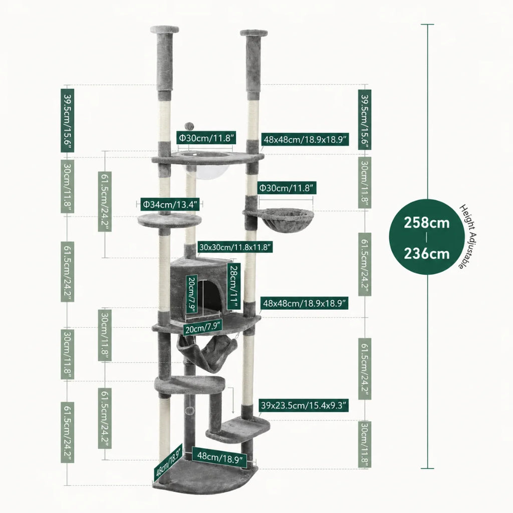 Detailed engineering diagram of a grey multi-level cat tree with height and platform measurements for spatial planning.