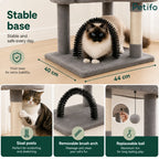 Detailed infographic highlighting the stable base, sisal scratching posts, replaceable cat toy, and removable grooming brush arch of our cat tree.
