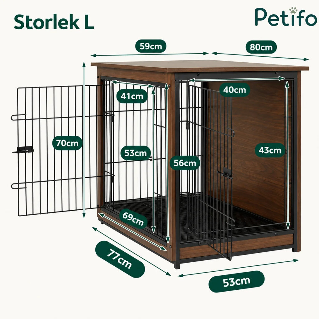 Technical diagram showing the detailed measurements in centimeters for the size Large (Storlek L) wooden dog crate furniture.