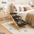 Detailed size dimensions of adjustable wooden pet stairs displayed next to a cozy bedroom setting.