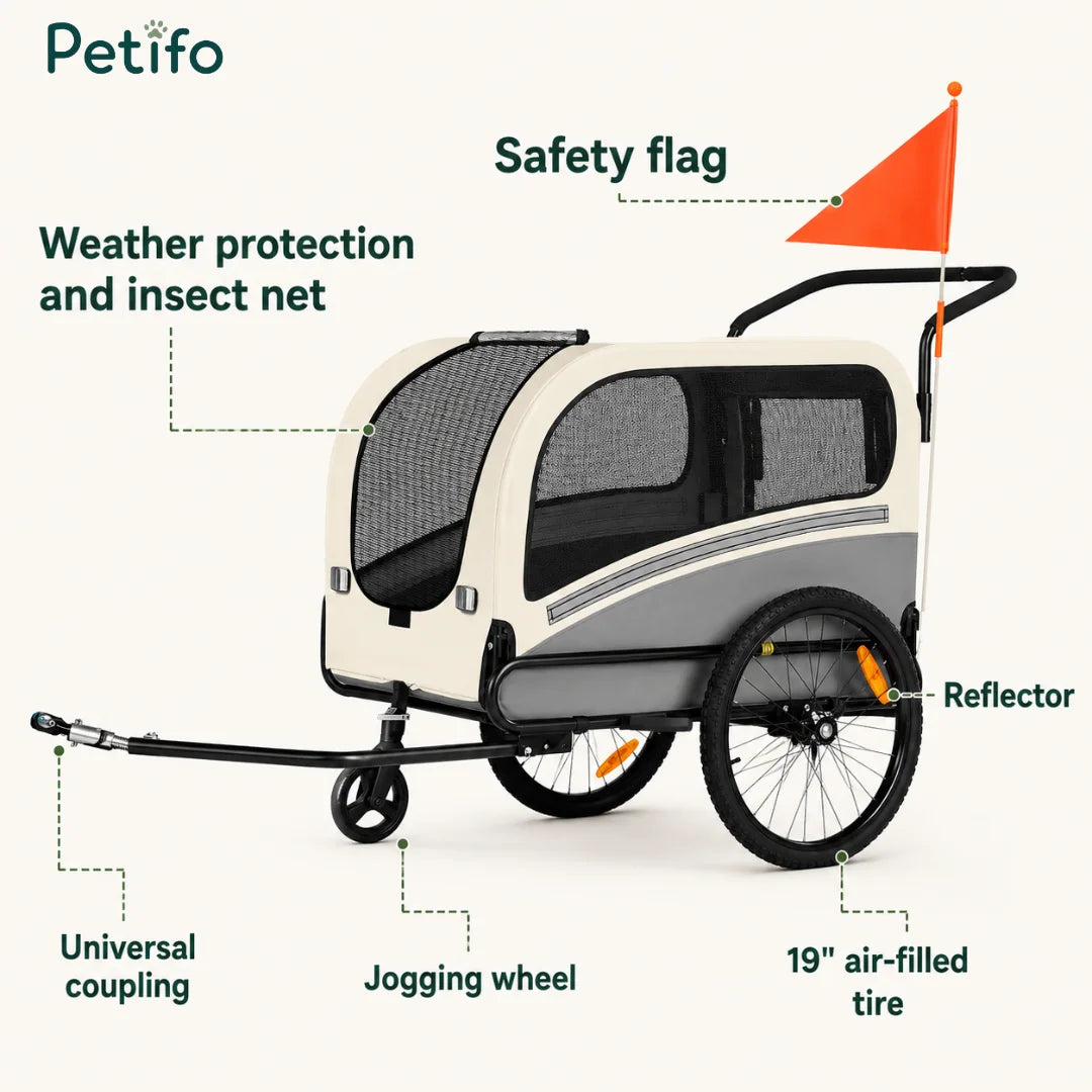 Detailed product view of the Petifo pet bike trailer highlighting features including a safety flag, weather protection, insect net, universal coupling, jogging wheel, and 19-inch air-filled tires.