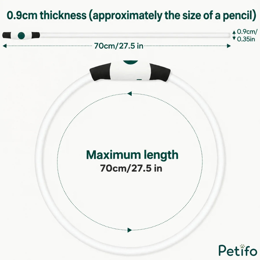 Maattabel en afmetingen van de lichtgevende hondenhalsband, met een maximale lengte van 70 cm en een dikte van 0,9 cm.