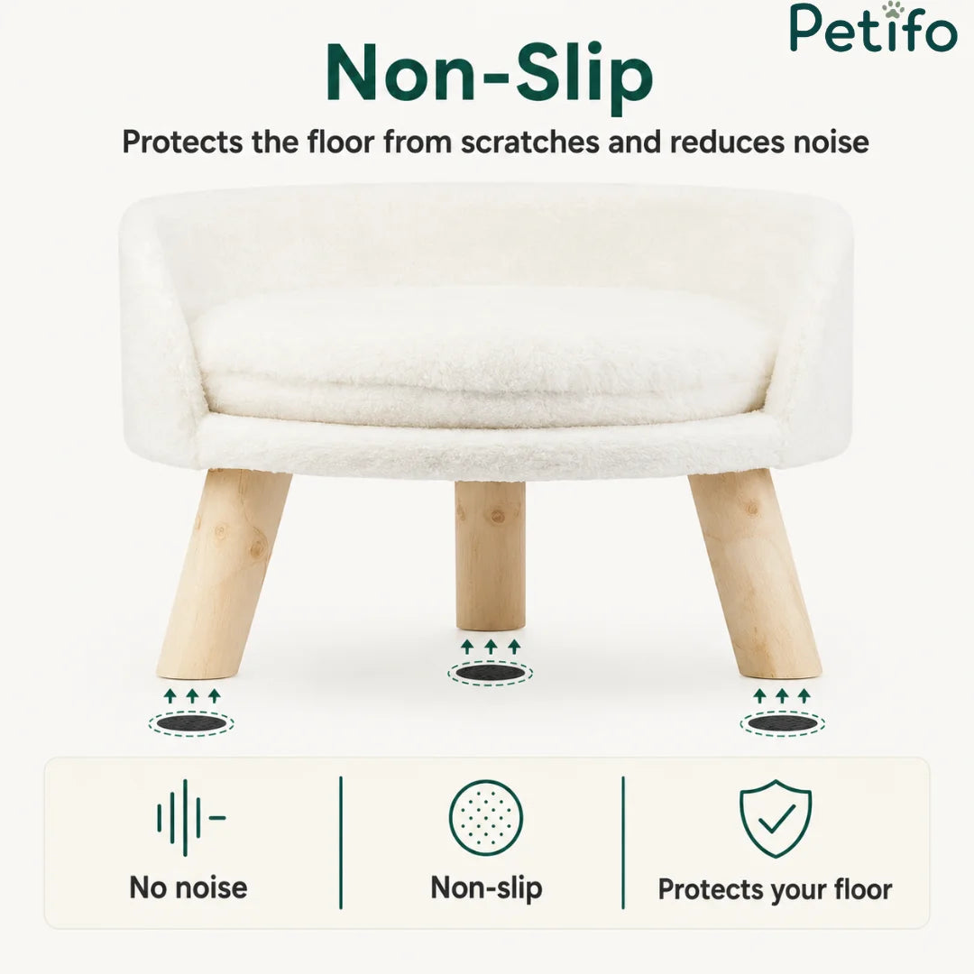Diagram highlighting the non-slip design of an elevated pet bed, which protects floors from scratches and reduces noise.