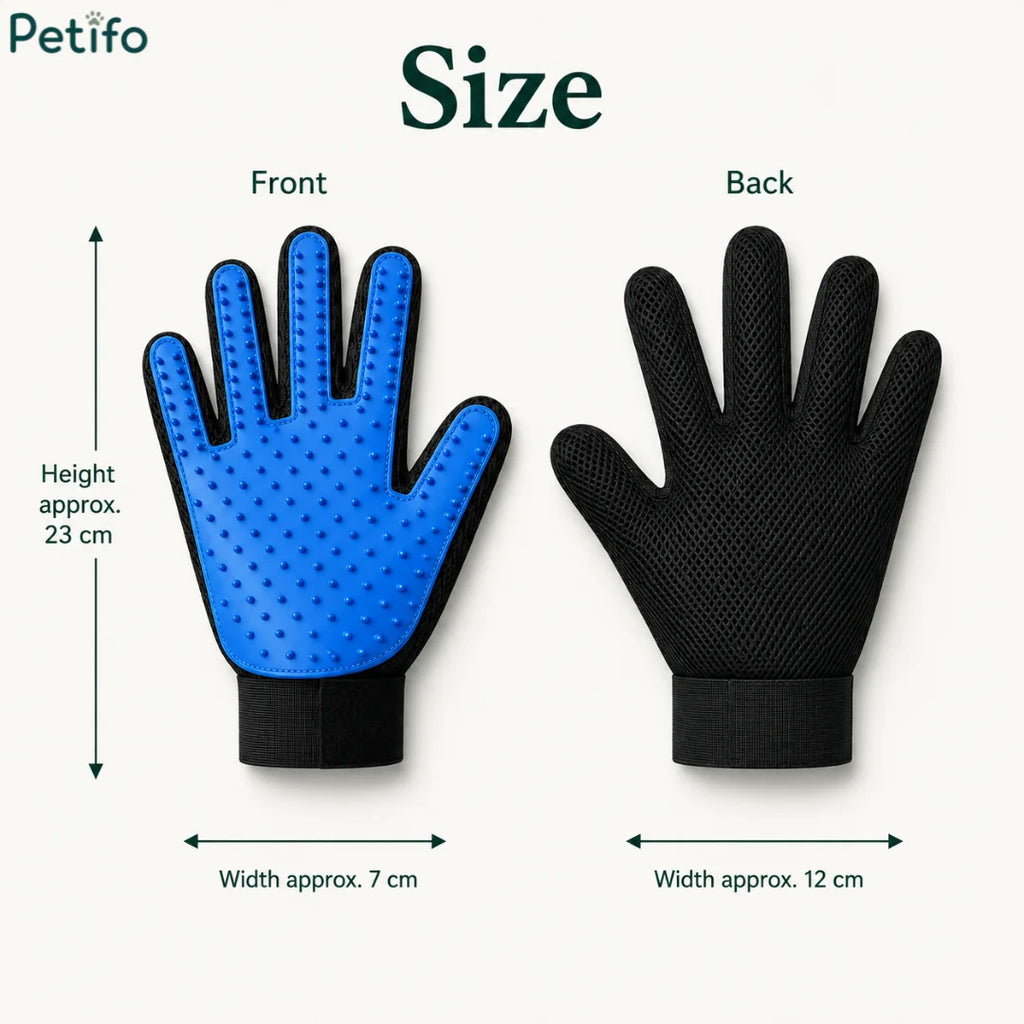 Dimension guide graphic showing front and back height and width measurements of the Petifo pet grooming glove.
