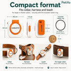 Dimension guide for the compact 4.2 cm by 4.2 cm Petifo tracker, demonstrating how it securely attaches to existing collars, harnesses, and leashes using a built-in clip or included rubber ring.