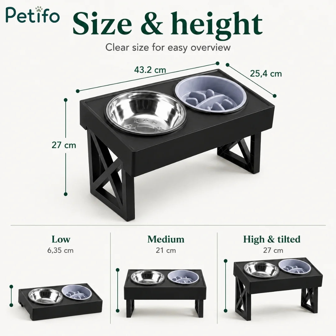 Dimensions diagram showing height adjustments for Petifo elevated dog feeder stand